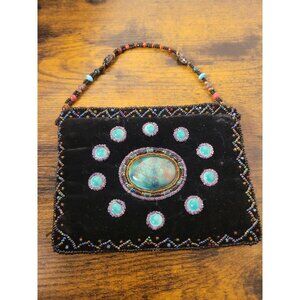 Vtg Boho Silk Velvet Beaded Mini Purse Handmade Bag Coachella 7"